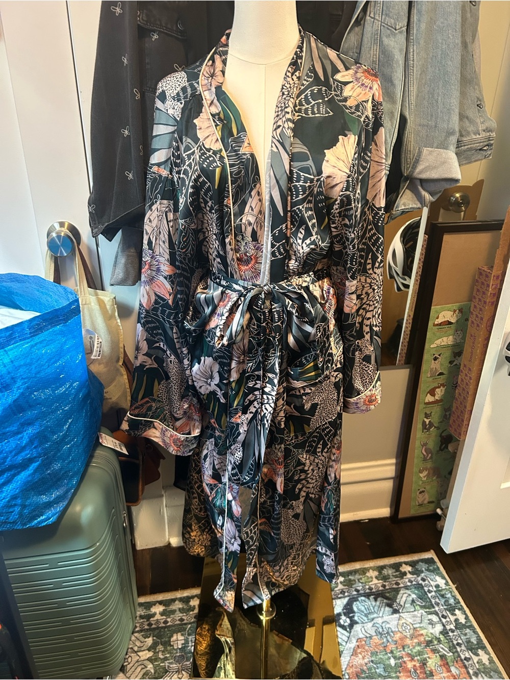 World Market Floral Satin Robe - Black, Pink, Green